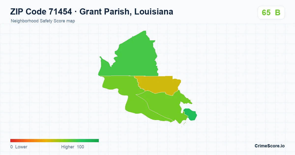 ZIP Code 71454 in Grant Parish, Louisiana neighborhood Safety Score map