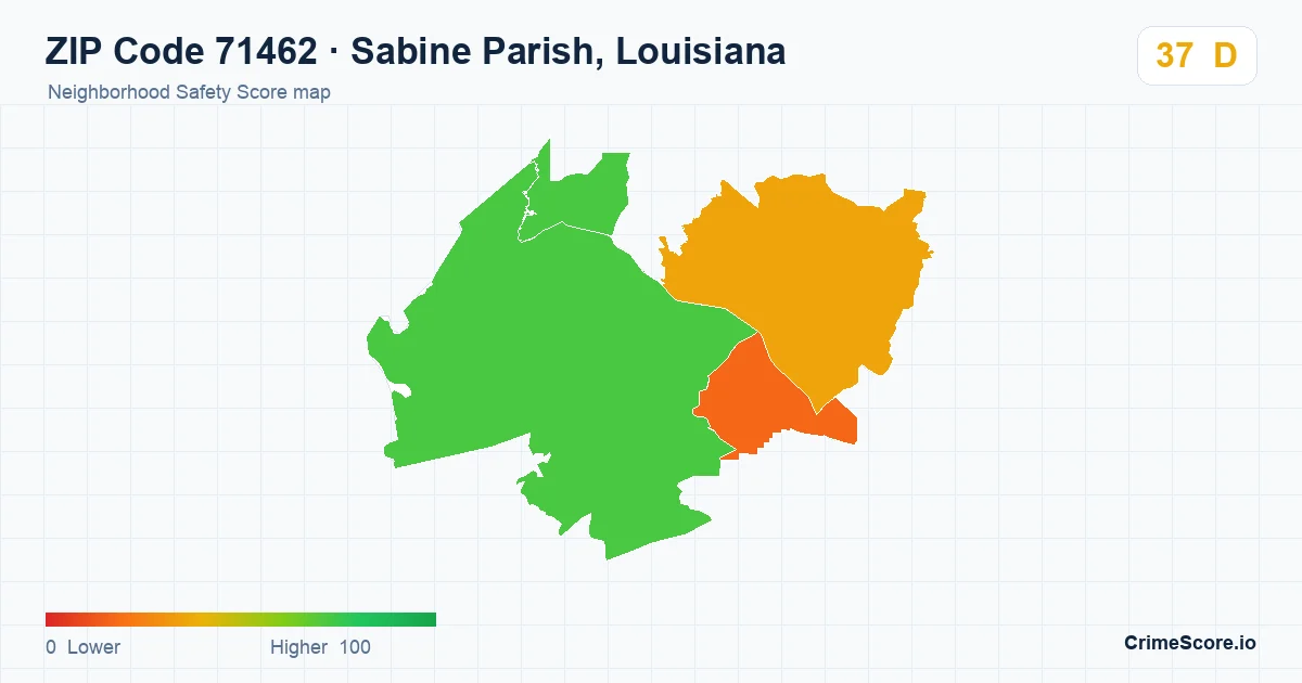 ZIP Code 71462 in Sabine Parish, Louisiana neighborhood Safety Score map