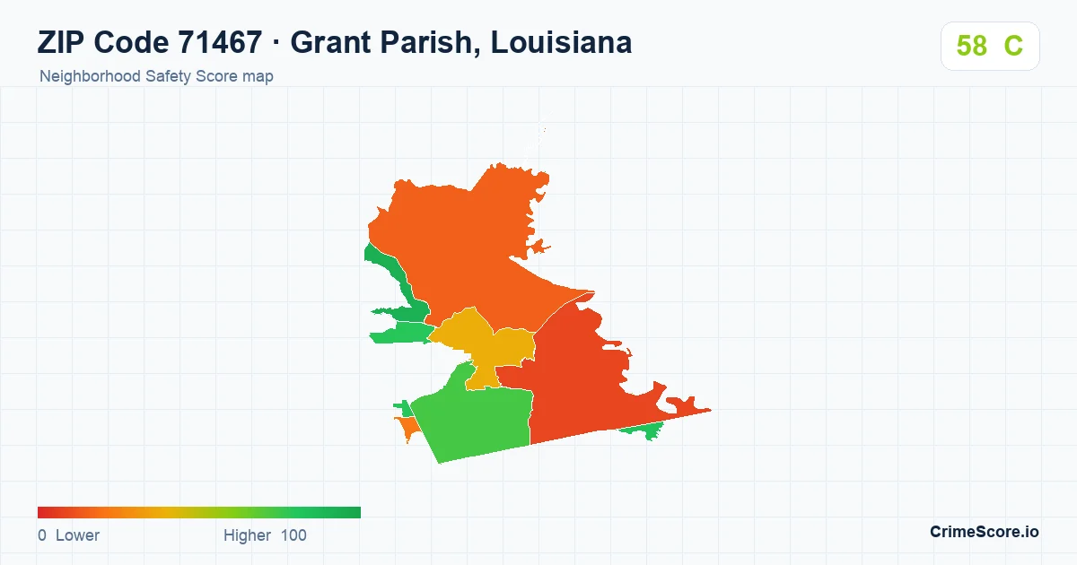 ZIP Code 71467 in Grant Parish, Louisiana neighborhood Safety Score map