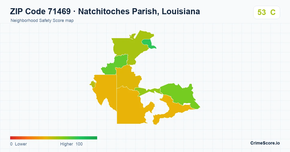 ZIP Code 71469 in Natchitoches Parish, Louisiana neighborhood Safety Score map