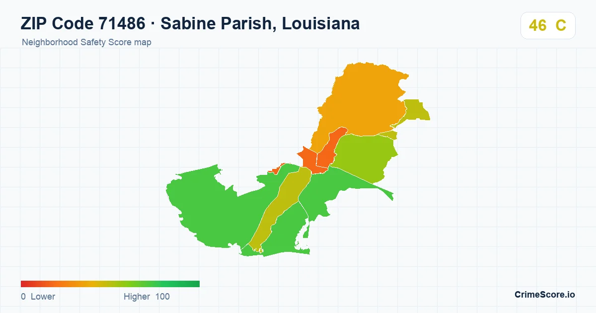 ZIP Code 71486 in Sabine Parish, Louisiana neighborhood Safety Score map