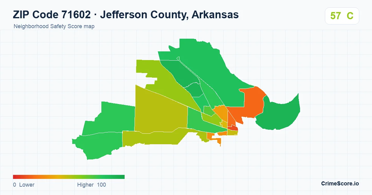 ZIP Code 71602 in Jefferson County, Arkansas neighborhood Safety Score map