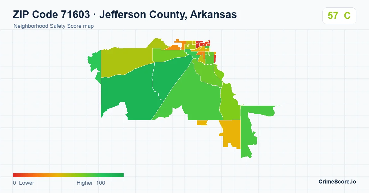 ZIP Code 71603 in Jefferson County, Arkansas neighborhood Safety Score map