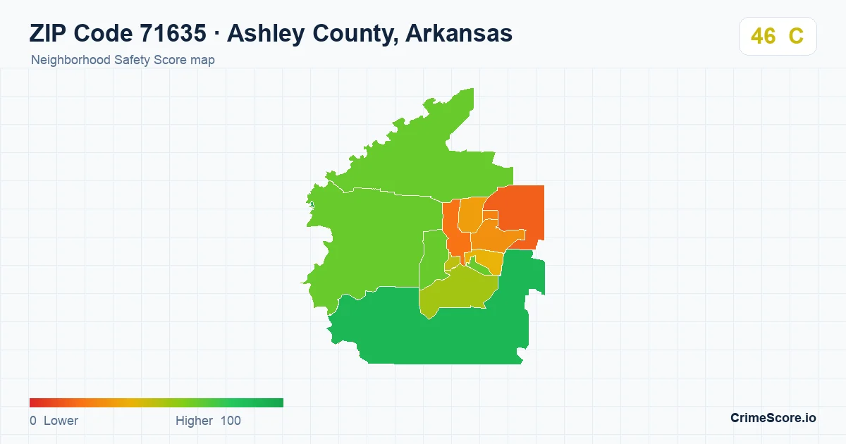 ZIP Code 71635 in Ashley County, Arkansas neighborhood Safety Score map