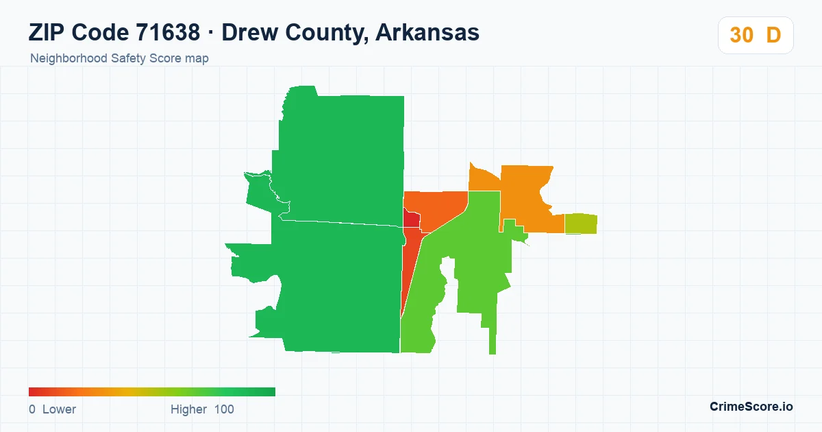 ZIP Code 71638 in Drew County, Arkansas neighborhood Safety Score map