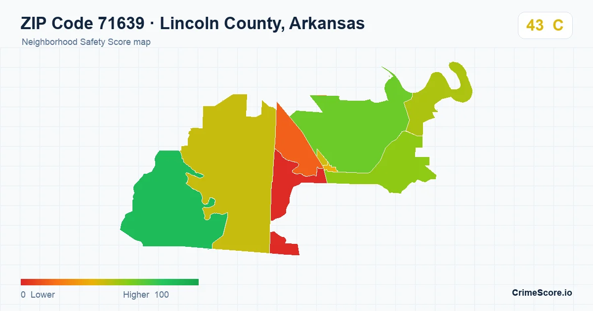 ZIP Code 71639 in Lincoln County, Arkansas neighborhood Safety Score map