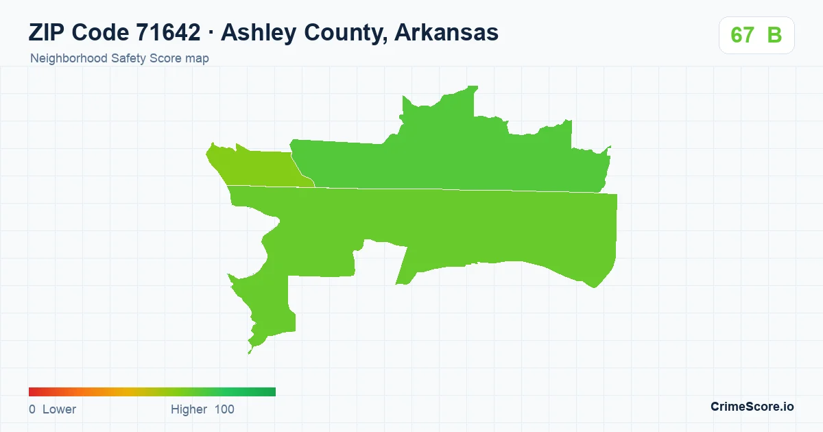ZIP Code 71642 in Ashley County, Arkansas neighborhood Safety Score map