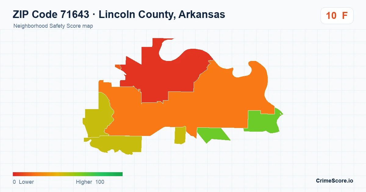 ZIP Code 71643 in Lincoln County, Arkansas neighborhood Safety Score map