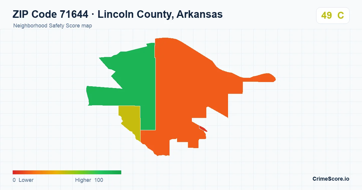 ZIP Code 71644 in Lincoln County, Arkansas neighborhood Safety Score map