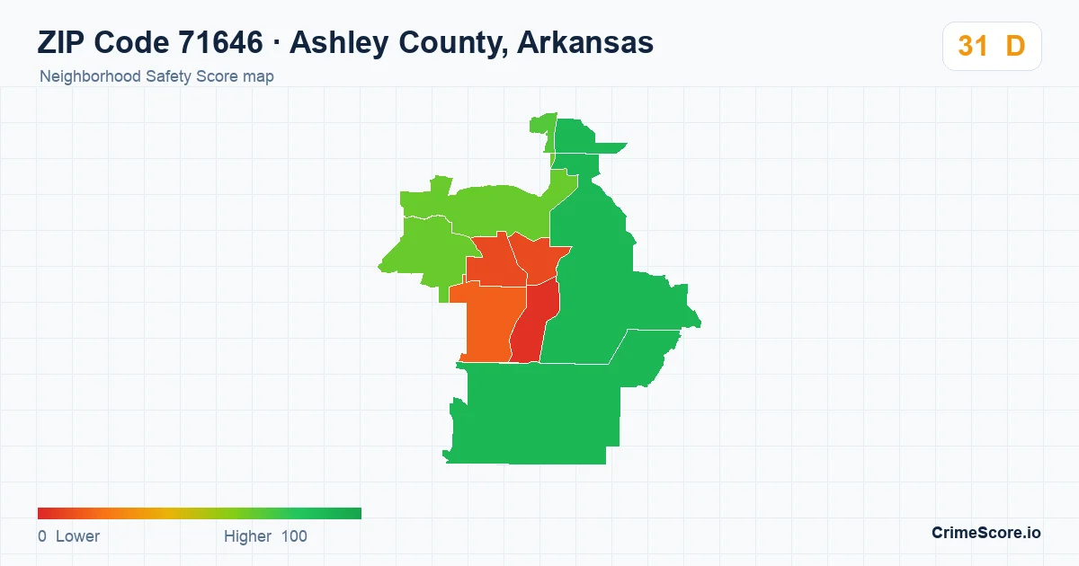 ZIP Code 71646 in Ashley County, Arkansas neighborhood Safety Score map