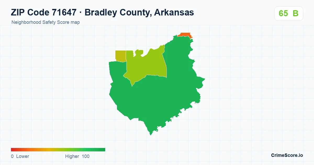 ZIP Code 71647 in Bradley County, Arkansas neighborhood Safety Score map