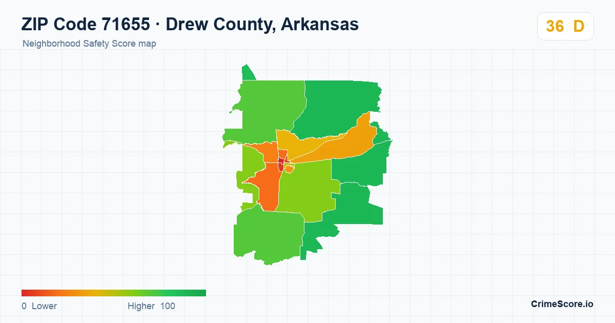 ZIP Code 71655 in Drew County, Arkansas neighborhood Safety Score map