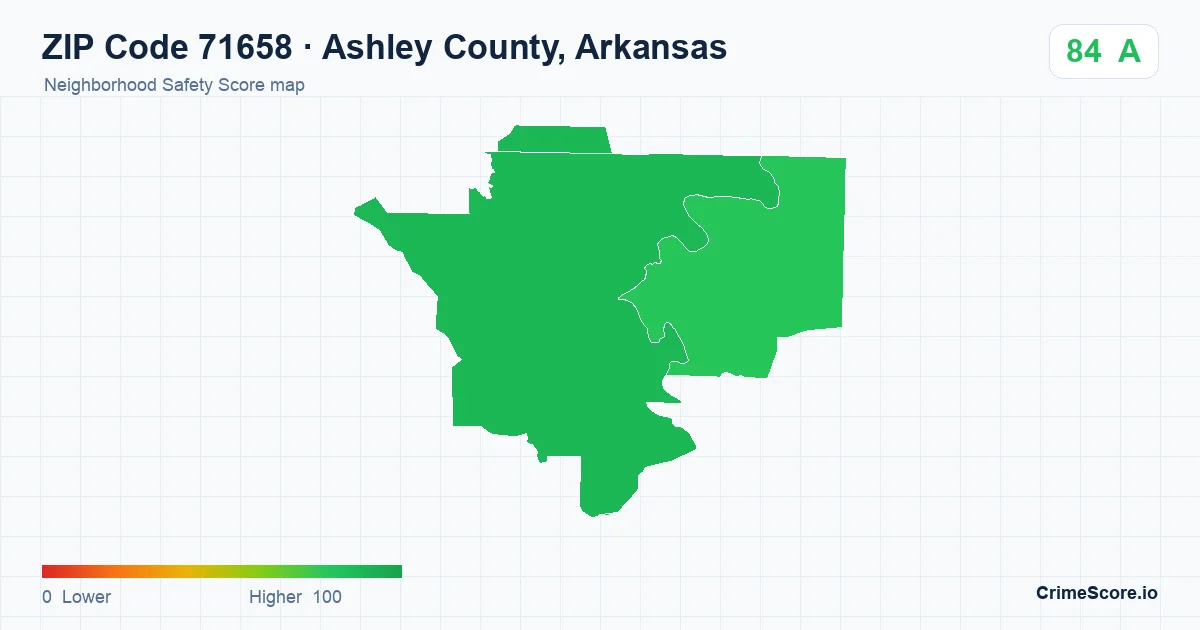 ZIP Code 71658 in Ashley County, Arkansas neighborhood Safety Score map