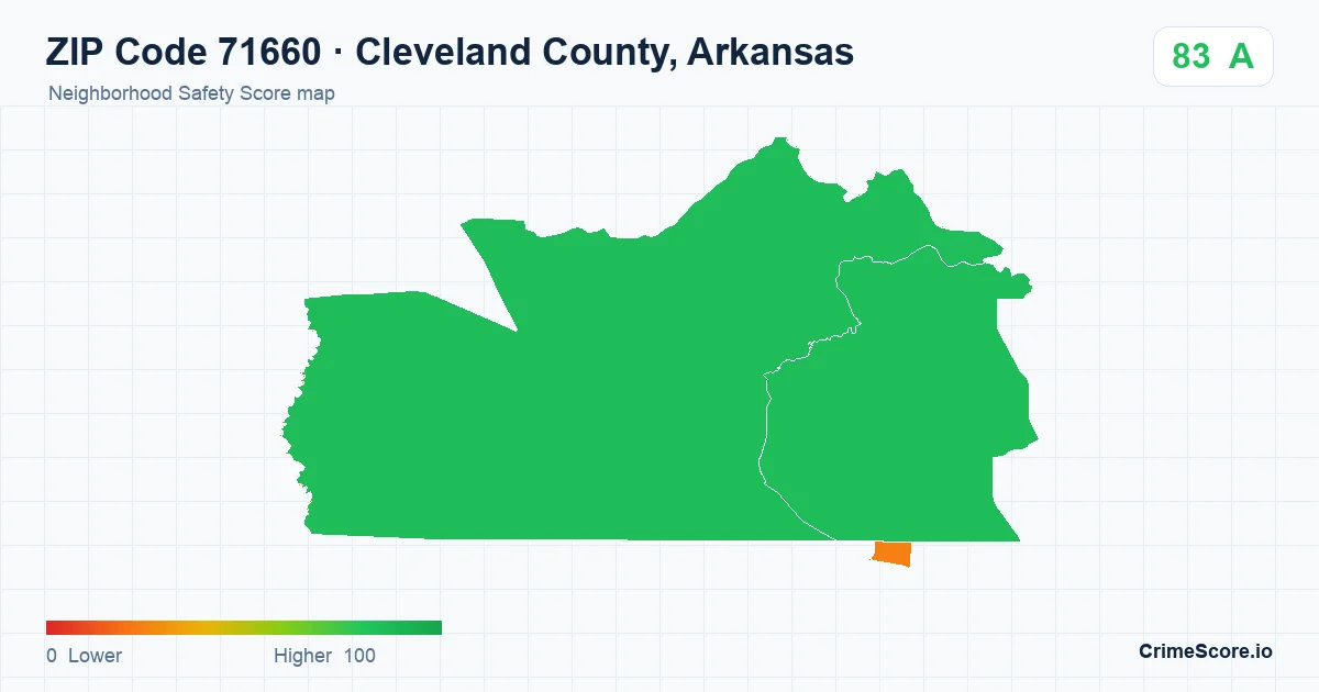 ZIP Code 71660 in Cleveland County, Arkansas neighborhood Safety Score map