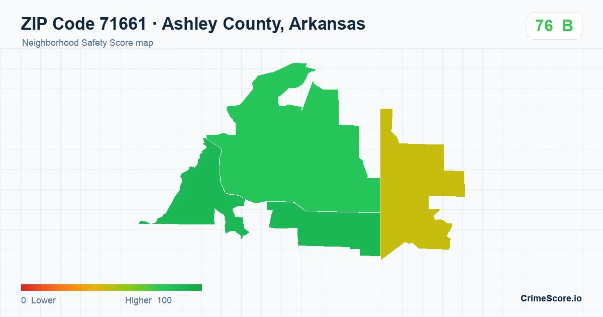 ZIP Code 71661 in Ashley County, Arkansas neighborhood Safety Score map