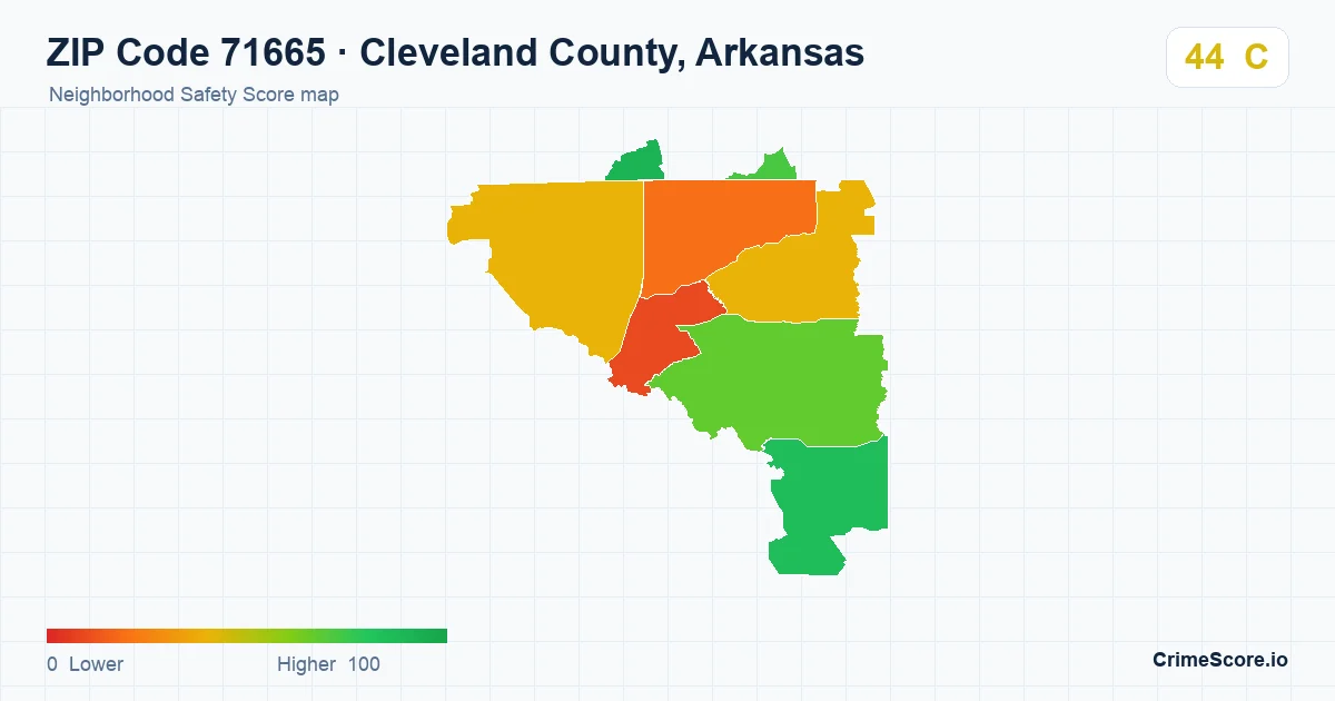 ZIP Code 71665 in Cleveland County, Arkansas neighborhood Safety Score map