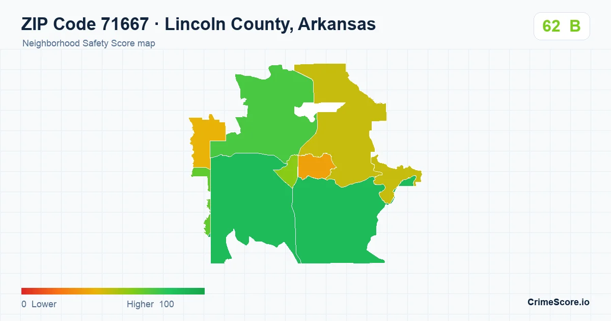 ZIP Code 71667 in Lincoln County, Arkansas neighborhood Safety Score map