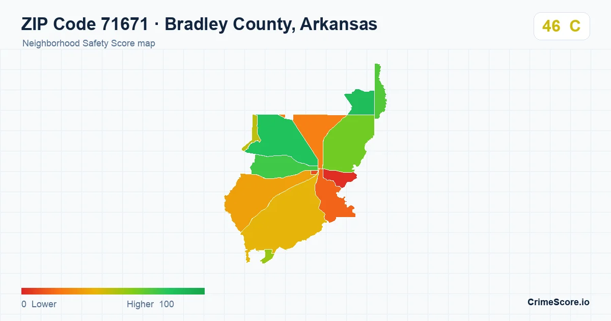 ZIP Code 71671 in Bradley County, Arkansas neighborhood Safety Score map
