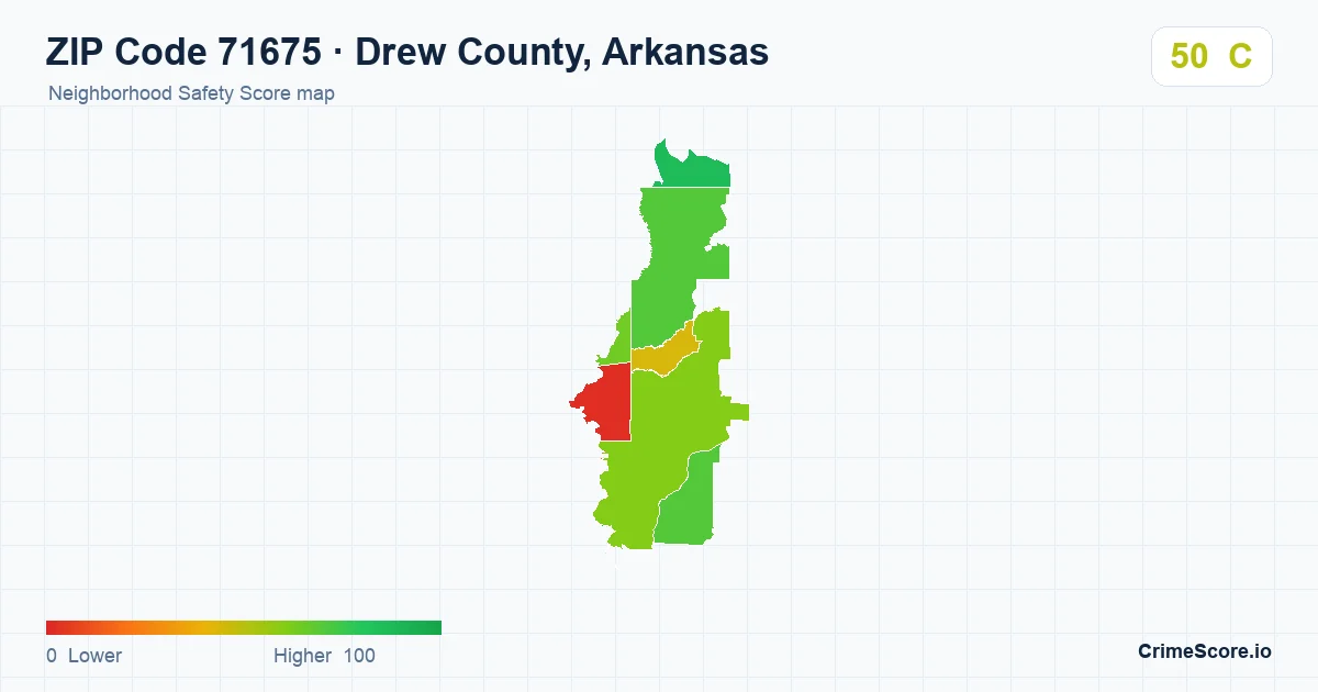 ZIP Code 71675 in Drew County, Arkansas neighborhood Safety Score map