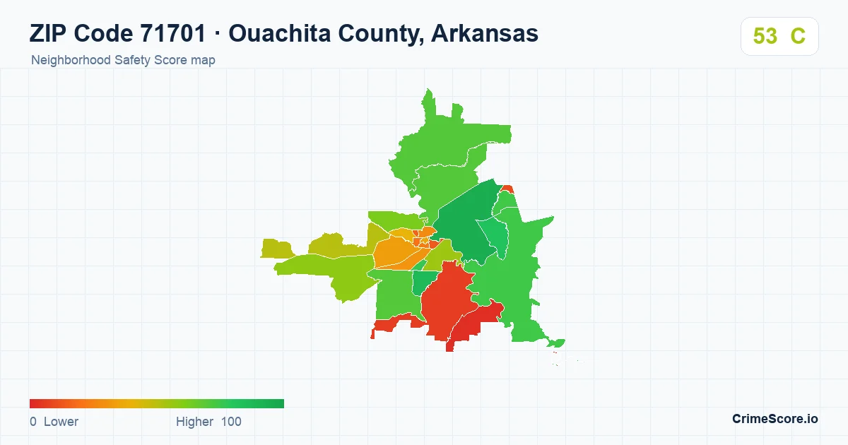 ZIP Code 71701 in Ouachita County, Arkansas neighborhood Safety Score map
