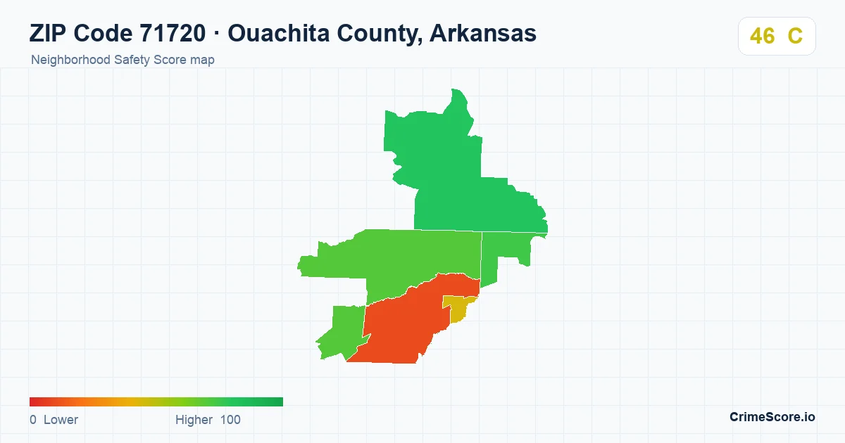 ZIP Code 71720 in Ouachita County, Arkansas neighborhood Safety Score map
