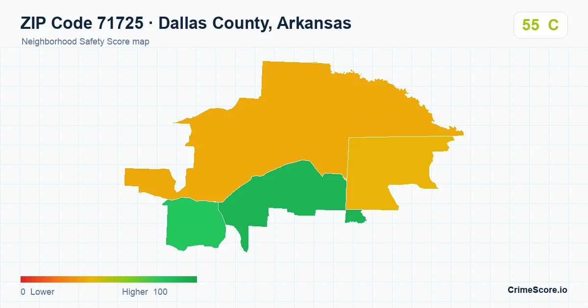 ZIP Code 71725 in Dallas County, Arkansas neighborhood Safety Score map