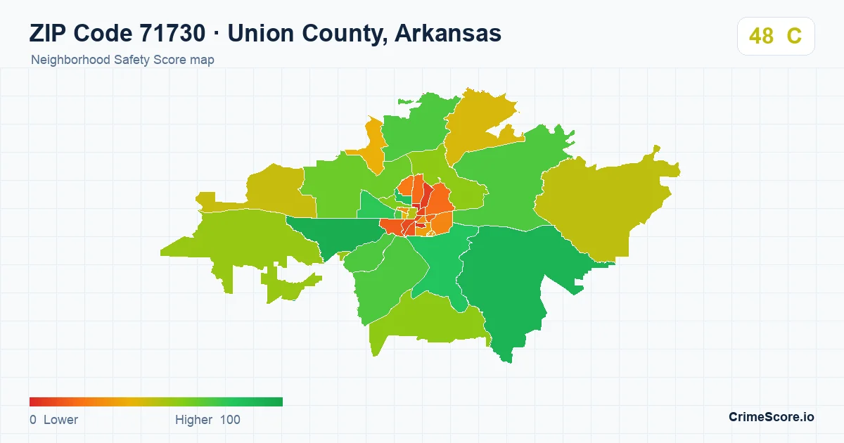 ZIP Code 71730 in Union County, Arkansas neighborhood Safety Score map