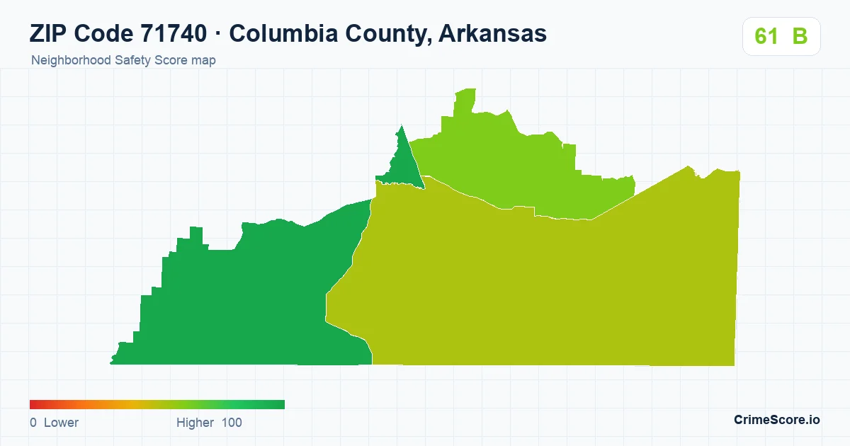 ZIP Code 71740 in Columbia County, Arkansas neighborhood Safety Score map