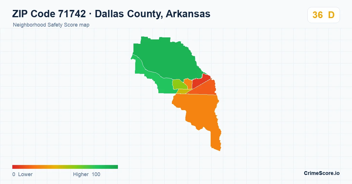 ZIP Code 71742 in Dallas County, Arkansas neighborhood Safety Score map