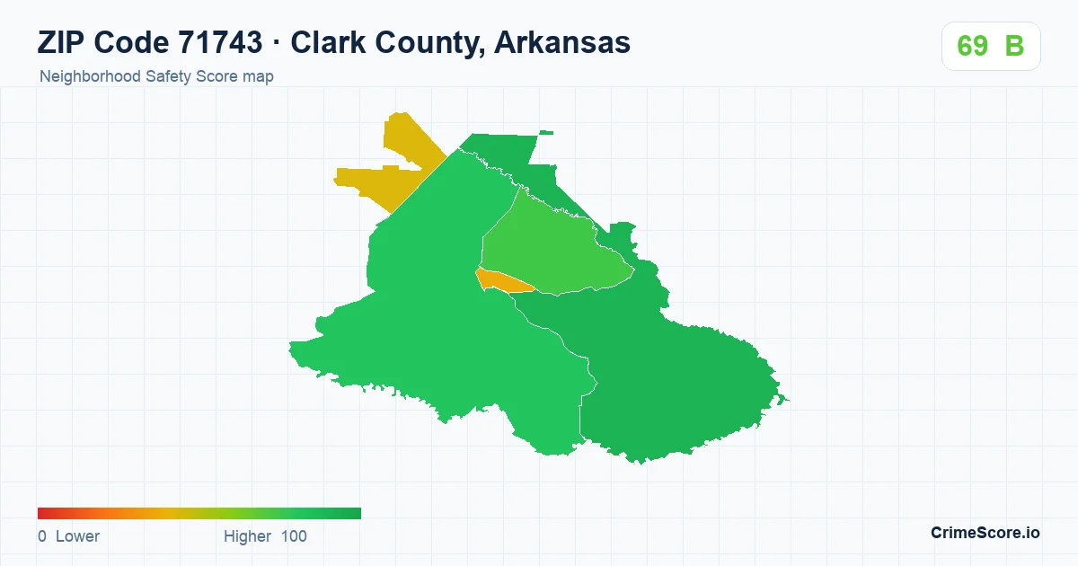 ZIP Code 71743 in Clark County, Arkansas neighborhood Safety Score map