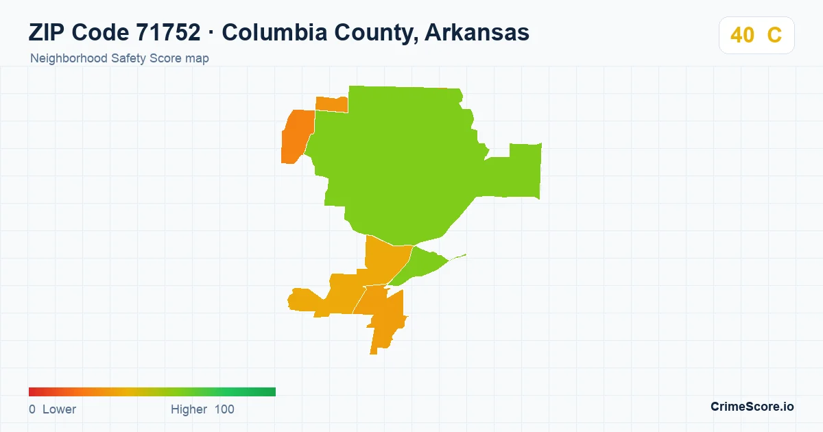 ZIP Code 71752 in Columbia County, Arkansas neighborhood Safety Score map