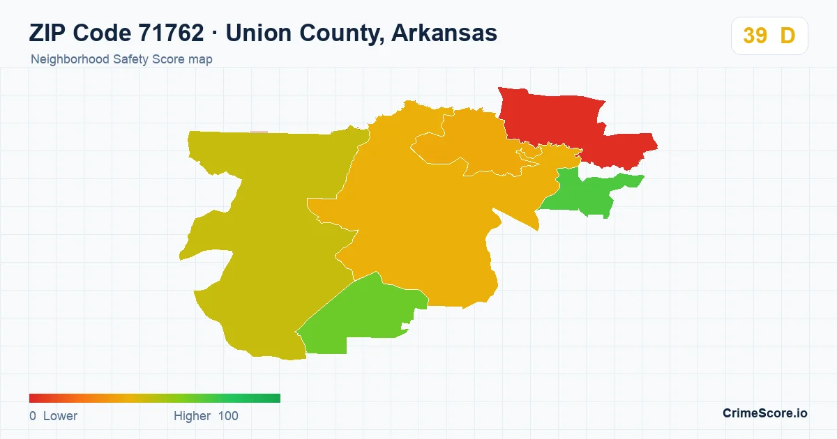 ZIP Code 71762 in Union County, Arkansas neighborhood Safety Score map