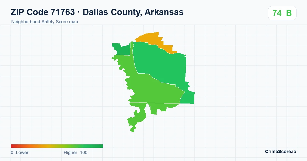 ZIP Code 71763 in Dallas County, Arkansas neighborhood Safety Score map