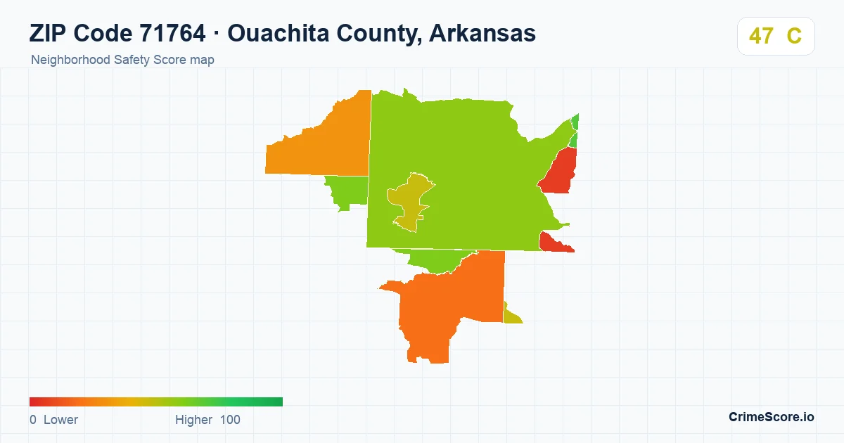 ZIP Code 71764 in Ouachita County, Arkansas neighborhood Safety Score map