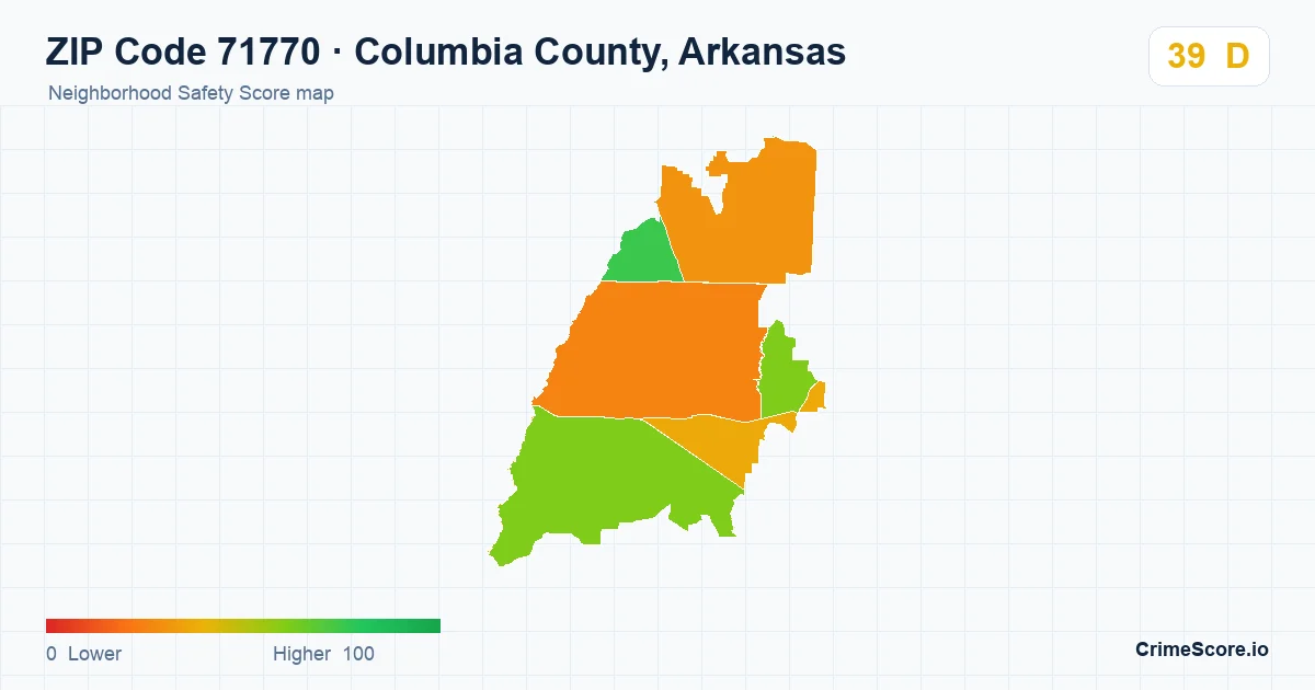 ZIP Code 71770 in Columbia County, Arkansas neighborhood Safety Score map