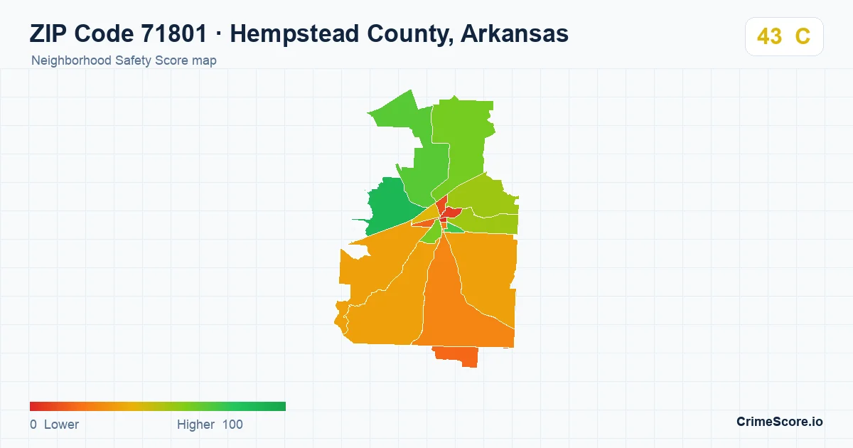 ZIP Code 71801 in Hempstead County, Arkansas neighborhood Safety Score map