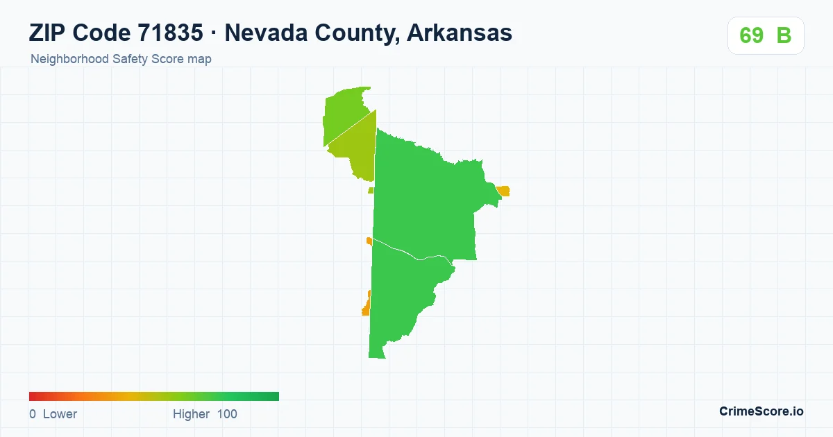 ZIP Code 71835 in Nevada County, Arkansas neighborhood Safety Score map