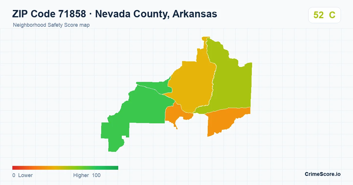 ZIP Code 71858 in Nevada County, Arkansas neighborhood Safety Score map