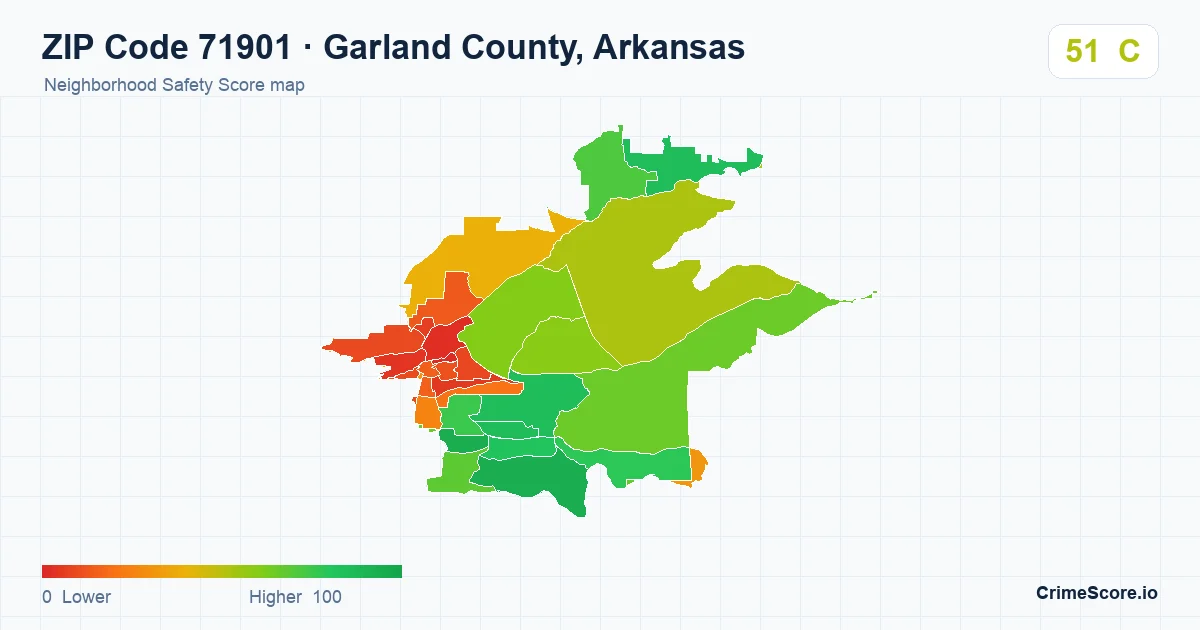 ZIP Code 71901 in Garland County, Arkansas neighborhood Safety Score map