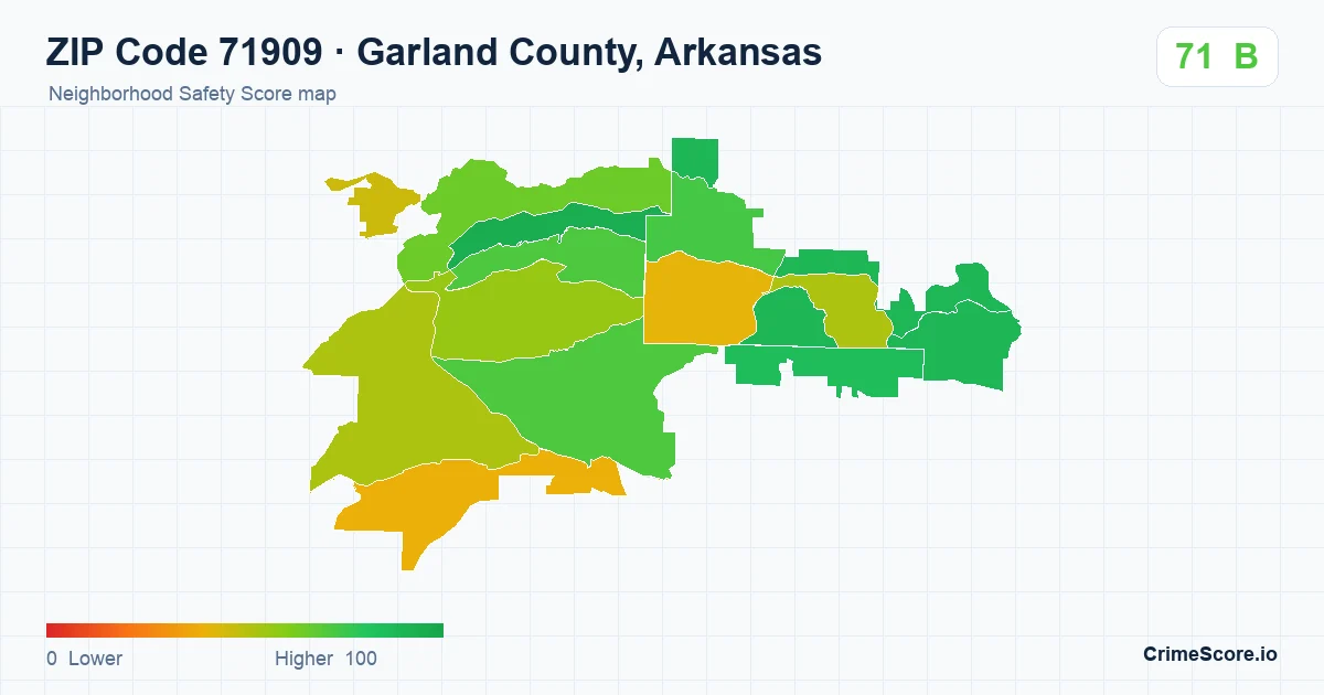 ZIP Code 71909 in Garland County, Arkansas neighborhood Safety Score map