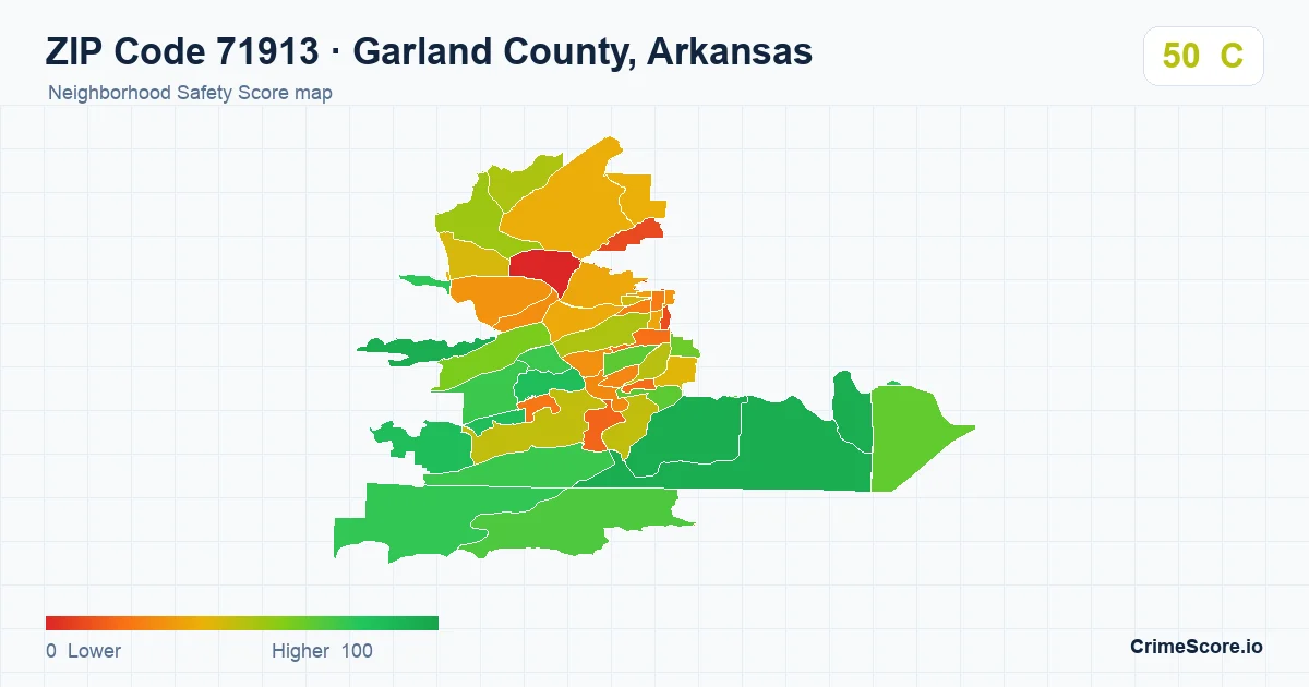 ZIP Code 71913 in Garland County, Arkansas neighborhood Safety Score map