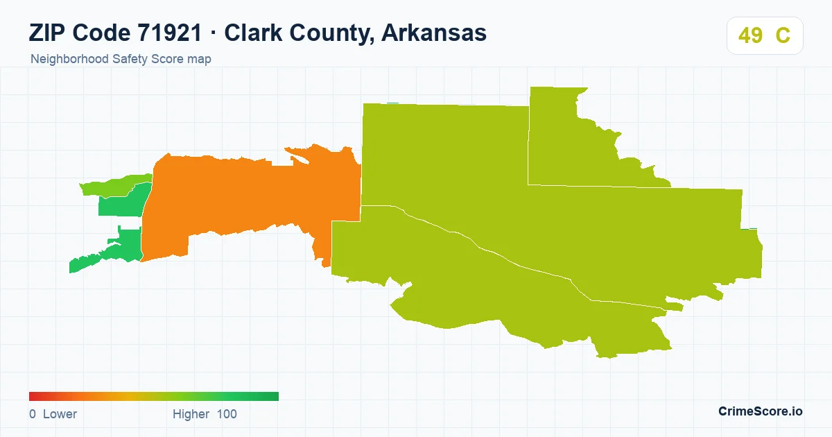 ZIP Code 71921 in Clark County, Arkansas neighborhood Safety Score map