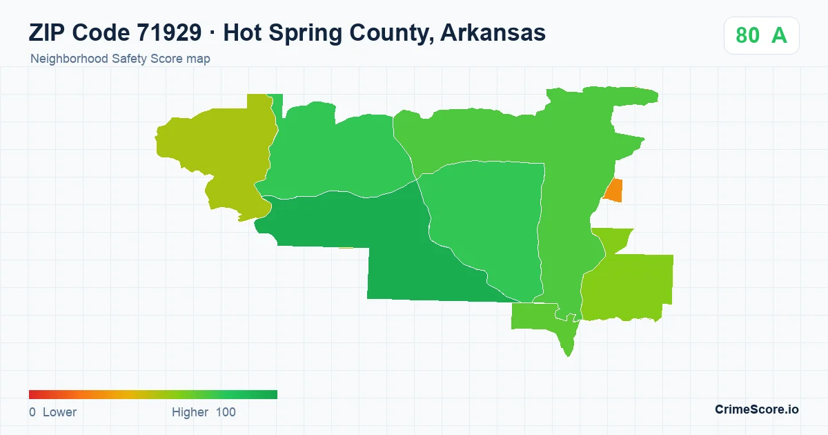 ZIP Code 71929 in Hot Spring County, Arkansas neighborhood Safety Score map
