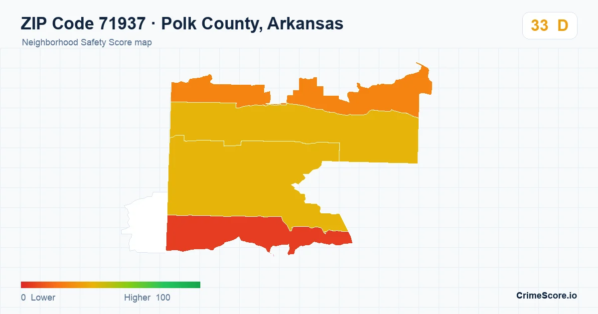 ZIP Code 71937 in Polk County, Arkansas neighborhood Safety Score map