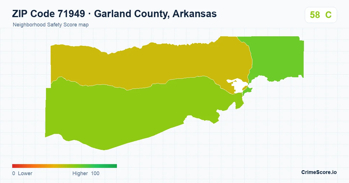 ZIP Code 71949 in Garland County, Arkansas neighborhood Safety Score map