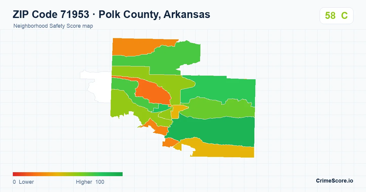 ZIP Code 71953 in Polk County, Arkansas neighborhood Safety Score map