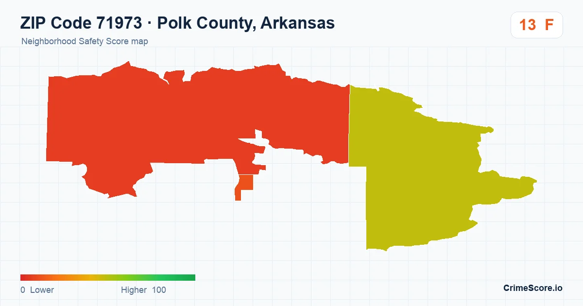 ZIP Code 71973 in Polk County, Arkansas neighborhood Safety Score map