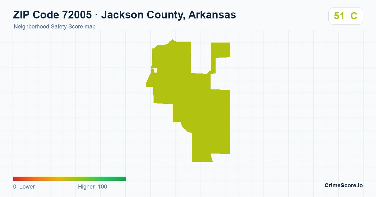 ZIP Code 72005 in Jackson County, Arkansas neighborhood Safety Score map