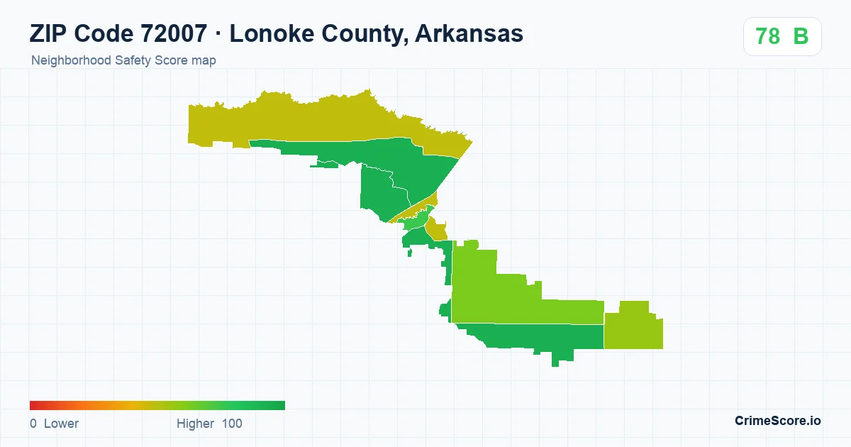 ZIP Code 72007 in Lonoke County, Arkansas neighborhood Safety Score map