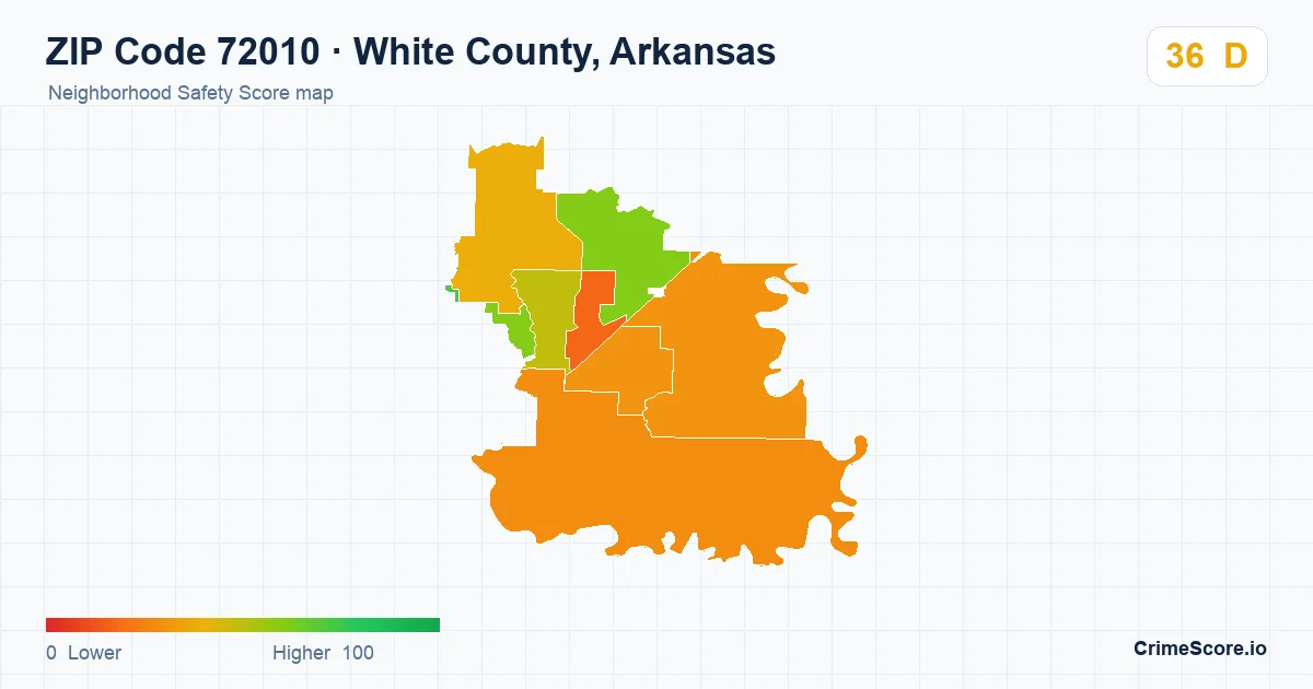 ZIP Code 72010 in White County, Arkansas neighborhood Safety Score map